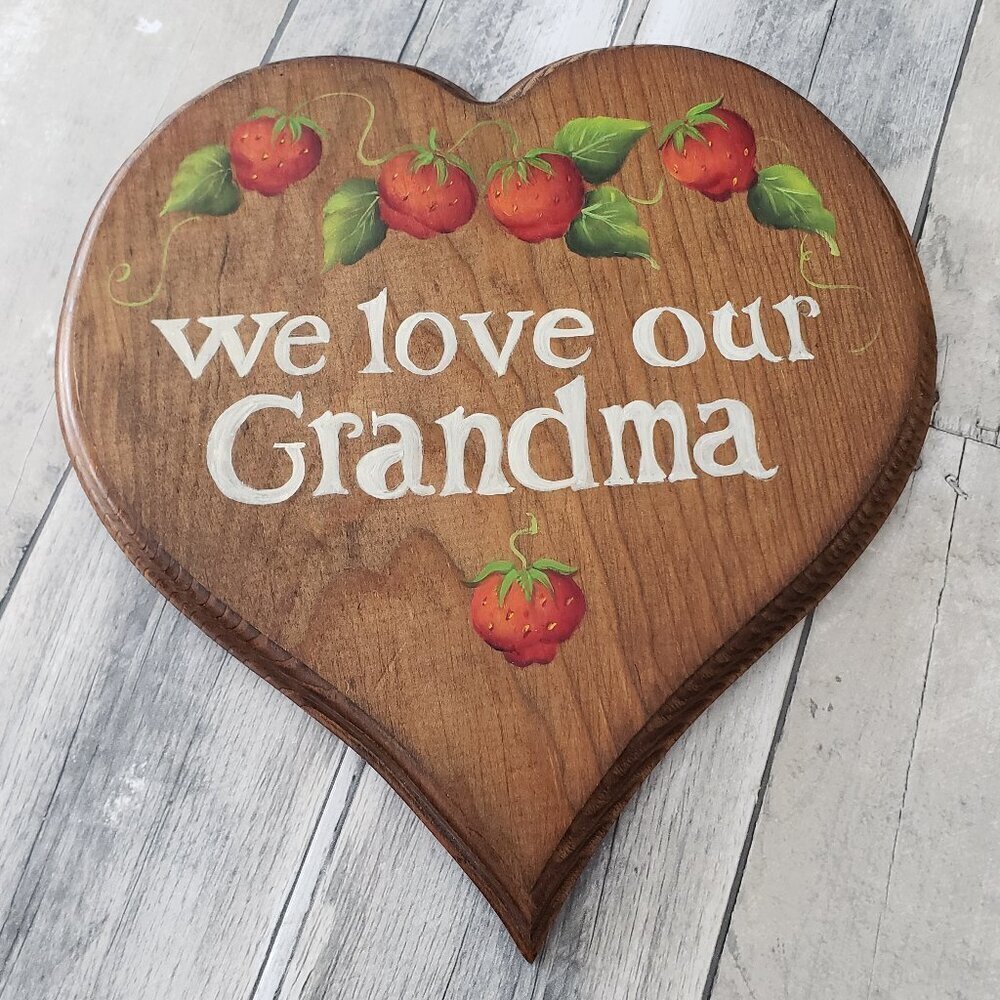 Vintage Wooden Heart We Love Our Grandma with Strawberries